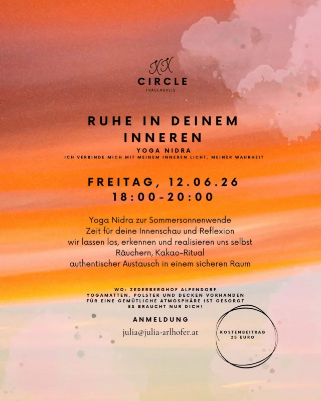 Im Frauenkreis zur Sommersonnenwende werden wir 
in die Welt des Yoga Nidra eintauchen - eine wunderschöne Praxis, die uns mit unserem wahren Selbst verbindet und uns lehrt, viele Dinge im Außen mit mehr Distanz zu betrachten. Eine Praxis, die uns unsere Essenz erkennen lässt, mit jeder Faser 
unseres Seins.

Ich freue mich auf dich!

#frauenkreis #yoganidra #jazuneuenperspektiven #jazuklarheit #jazudir #jazuleichtigkeit #jazumleben