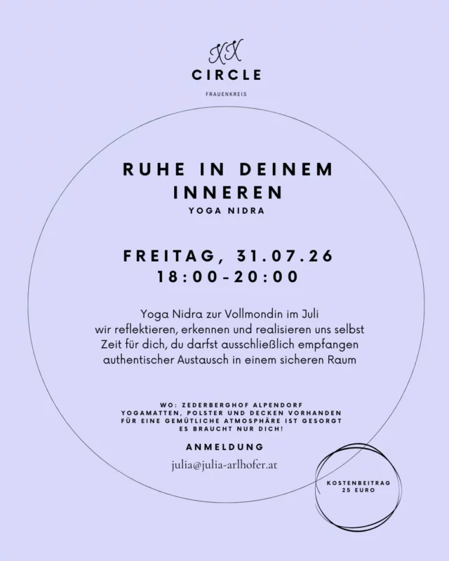 Ihr lieben Frauen - ich öffne auch im Juli wieder einen Raum, wo es ausschließlich um euch geht. Wir kommen zusammen, tauschen uns aus, reflektieren die intensive Zeitqualität und tauchen gemeinsam ab in eine Yoga Nidra Session. Gönne dir die Zeit für dich, komme zur Ruhe, finde dich selbst und verbinde dich mit deinem wahren Kern.

 Ich freue mich auf dich!

#jazuneuenperspektiven #jazudir #jazuleichtigkeit #jazuklarheit #yoganidra #frauenkreis