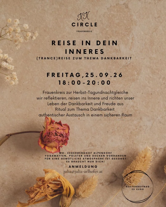 An alle lieben Frauen da draussen - es ist wieder soweit. Die Herbst-Tagundnachtgleiche lädt uns ein, nach innen zu schauen, die Fülle (vielleicht trotz mancher Mängel) zu spüren und unser Sein für einen Abend lang vollkommen der Dankbarkeit und Freude auszurichten. Wir reisen ins innere, formulieren einen Dankbarkeitsbrief an uns selbst und schließen mit einem kraftvollen Ritual.

Ich würde es feiern, wenn du dabei bist.

#frauenkreis #jazuneuenperspektiven #jazudir #jazuklarheit #herbsttagundnachtgleiche #reiseinsinnere